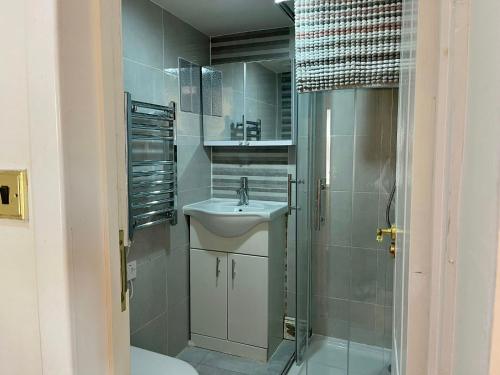 uma casa de banho com um lavatório, um chuveiro e um WC. em SHOREDITCH ROOMS - Apartments and Rooms in The City em Londres