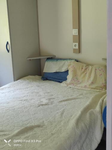 Bett in einem Zimmer mit Kissen darauf in der Unterkunft l'Espace in Latouille-Lentillac