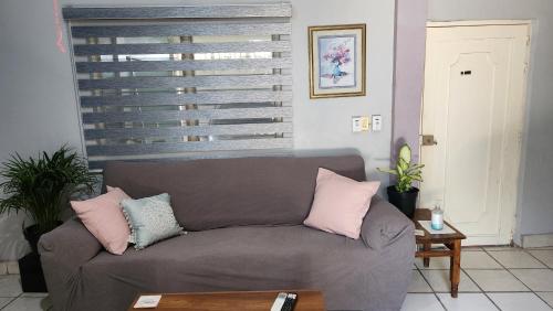 a living room with a gray couch and pink pillows at Alojamiento Sol in Tecomán