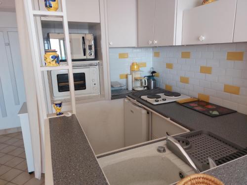 une cuisine avec un évier et un plan de travail dans l'établissement Location à banyuls vue panoramique, à Banyuls-sur-Mer