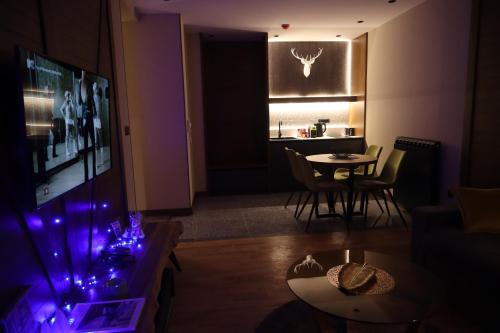 a living room with a television and a dining room at Modern Mountain II Central in Kolašin