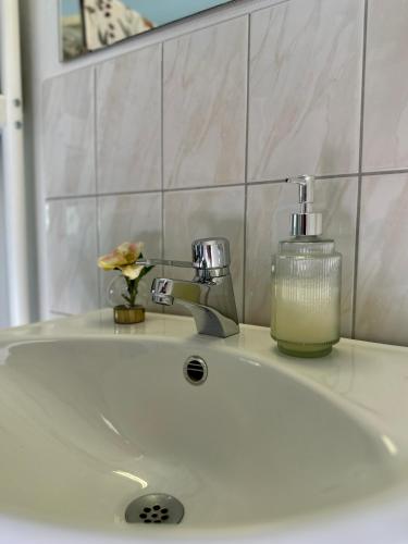 un lavandino in bagno con dispenser di sapone di Valla Vandrarhem a Linköping