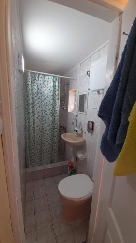 La salle de bains est pourvue de toilettes, d'un lavabo et d'une douche. dans l'établissement Centrala, à Vrdnik