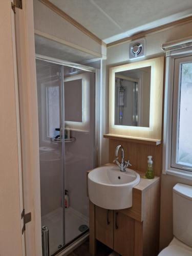 a bathroom with a sink and a shower at The Woodlark Lodge at Rockley Park in Lytchett Minster