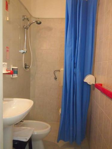 a bathroom with a toilet and a blue shower curtain at Hotel Aurora in Marina di Cecina