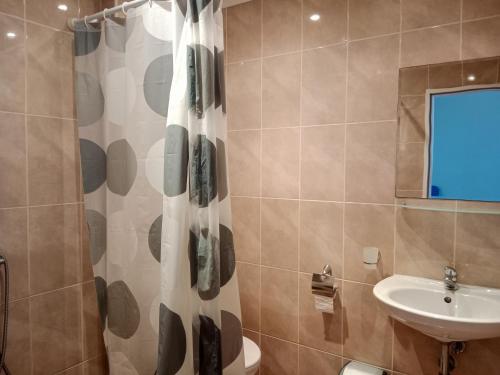 a bathroom with a shower curtain and a sink at Apartament Midia in Aheloy