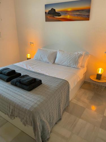 a bedroom with a large white bed with two lights at SHIOKAZE in San José