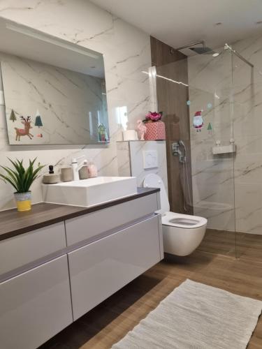 een witte badkamer met een wastafel en een toilet bij Adel apartment in Izola