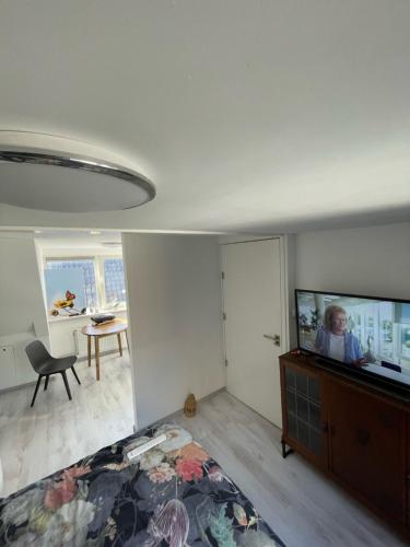 - un salon avec une télévision et une table dans l'établissement Appartement in Centrum Alkmaar, à Alkmaar