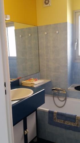 une salle de bain avec un lavabo, une baignoire et un miroir dans l'établissement Sublime vue mer,parking,wifi, à Fréjus