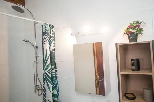 uma casa de banho com um chuveiro e um espelho. em Vacances à la plage em Sainte-Anne