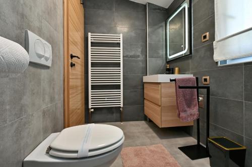 a bathroom with a white toilet and a sink at Tonka studio apartman in Križevci