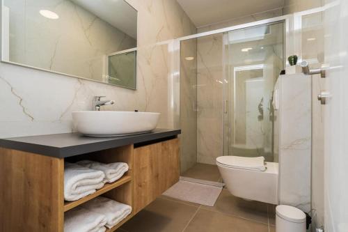 een badkamer met een wastafel, een toilet en een douche bij Villa Petra 1 - private pool in Novalja