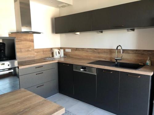 a kitchen with black cabinets and a sink at Les trois pierres in Eguisheim