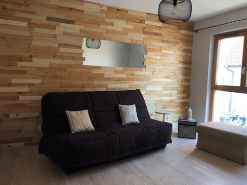 a living room with a brown couch and a wooden wall at Les trois pierres in Eguisheim
