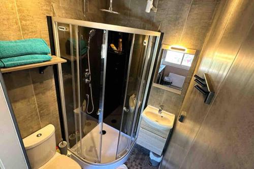 La salle de bains est pourvue d'une douche, de toilettes et d'un lavabo. dans l'établissement Maisonnette Jacuzzi & Piscine, à Sussargues