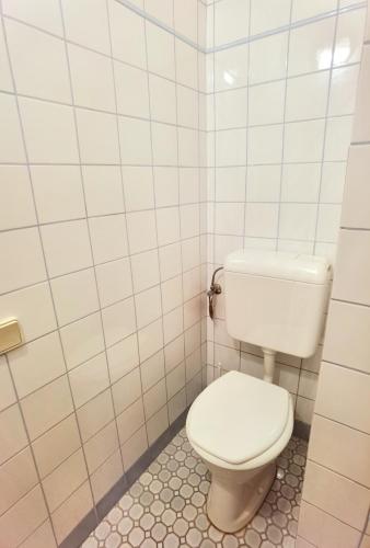 a bathroom with a toilet and a tiled wall at Landhaus auf der Alm in Langschlag