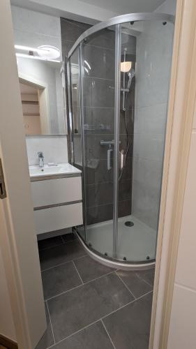 a glass shower in a bathroom with a sink at Olea Rooms Piran Old Town in Piran