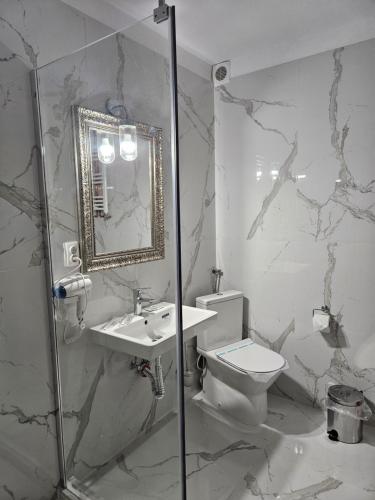 uma casa de banho com um WC, um lavatório e um espelho. em Vila Massimo em Eforie Nord