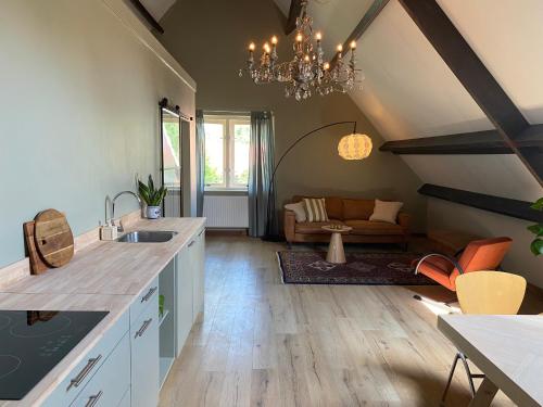 een keuken en een woonkamer met een kroonluchter bij LooSan Lodges in Reutum