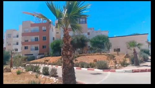 una palma di fronte a un edificio di Appartement 2 chambres résidence Sables d’or Tanger a Tangeri