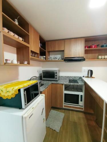 a kitchen with wooden cabinets and a white refrigerator at Hermoso Monoambriente ZV308, Edificio Zetta Village Airport in Asuncion