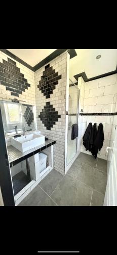une salle de bain avec un lavabo et une douche dans l'établissement Maison du Clos de a gare, à Pont-du-Navoy
