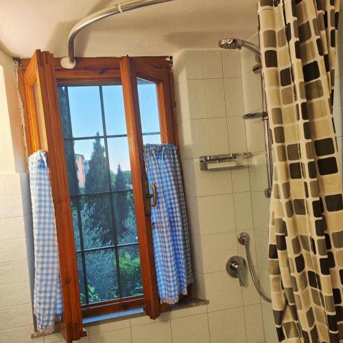 a bathroom with a window and a shower curtain at Massaciuccoli Romana in Massaciuccoli