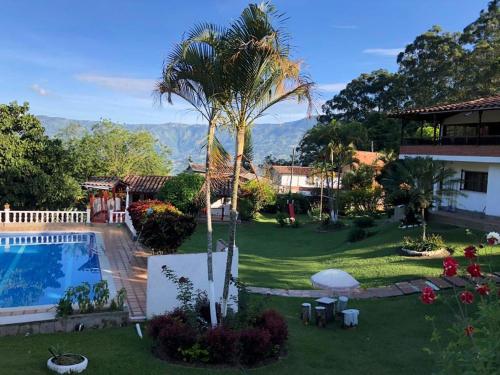 コパカバーナにあるFinca Villa Conie (Los Leones)の椰子の木とプールのある裏庭