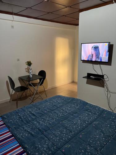 ein Schlafzimmer mit einem Bett und einem TV an der Wand in der Unterkunft Studio meublé à Conakry in Conakry