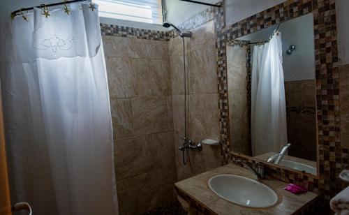 La salle de bains est pourvue d'une douche, d'un lavabo et d'un miroir. dans l'établissement Hotel San Marcos, à San Marcos Sierras
