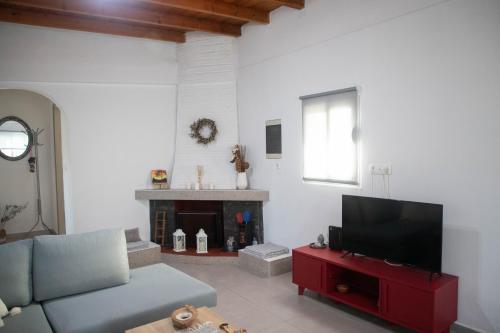 a living room with a couch and a tv at Livadi house in Theologos