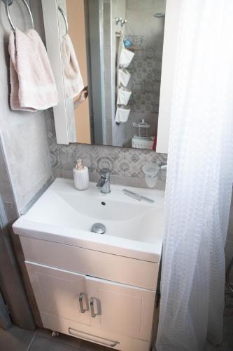 a bathroom with a sink and a mirror at Livadi house in Theologos
