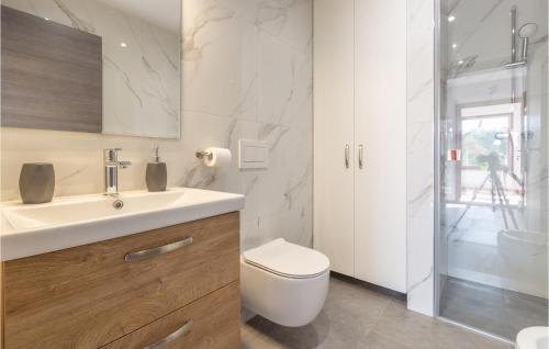 La salle de bains est pourvue d'un lavabo, de toilettes et d'une douche. dans l'établissement Lovely Apartment In Secovlje With House Sea View, à Sečovlje