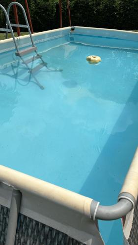 uma piscina com uma cadeira e um disco na água em Cabaña en Alajuela en lugar tranquilo y con mucha naturaleza. em Tambor