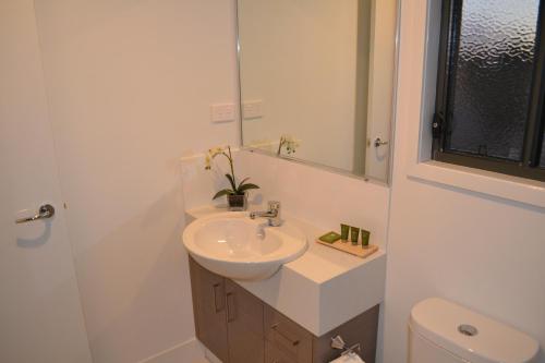 ein Badezimmer mit einem Waschbecken, einem Spiegel und einem WC in der Unterkunft The Haven Biloela in Biloela