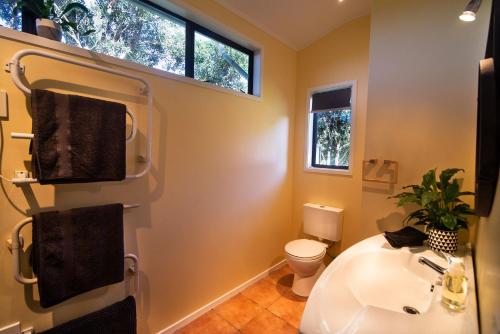 a bathroom with a white sink and a toilet at The Little House Tutukaka in Tutukaka