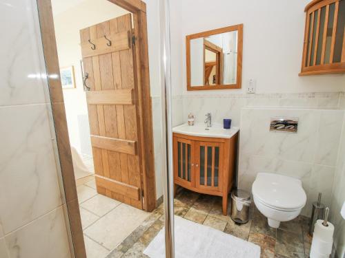 een badkamer met een toilet, een wastafel en een douche bij Old Coach House in Shrawardine