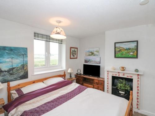 um quarto com uma cama e uma lareira em Cliff Top Cottage em Saltburn-by-the-Sea