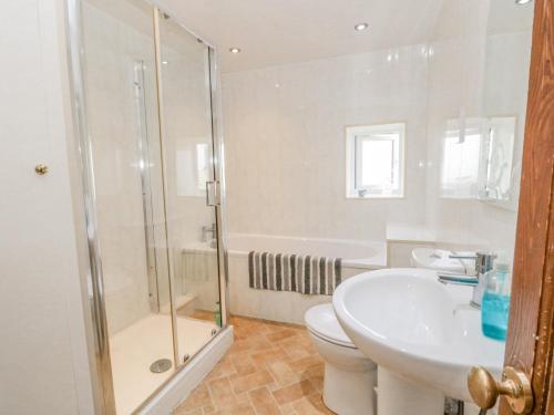 uma casa de banho com um chuveiro, um WC e um lavatório. em Cliff Top Cottage em Saltburn-by-the-Sea