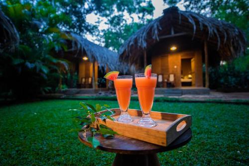 two drinks on a stand on a table in the grass at Private Organic House in Udawalawe