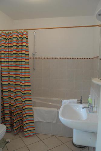 a bathroom with a sink and a shower curtain at Barock Hengst Hof in Niederhaverbeck