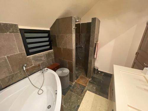 a bathroom with a tub and a shower and a toilet at Chambre "bleu océan" Villa Hermès in Saint-Pierre