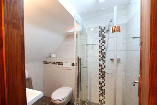a bathroom with a shower and a toilet at Apartman Gondola in Győr