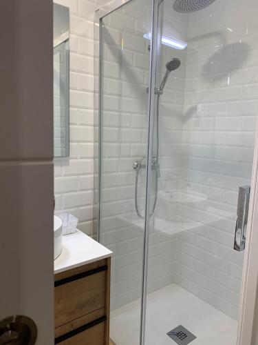 a shower with a glass door in a bathroom at Apartamentos el Sabinar in Anchuela del Campo