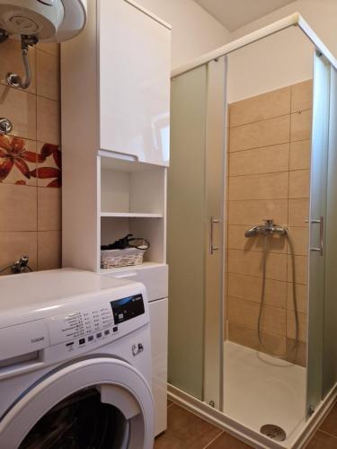 a washing machine in a bathroom with a shower at Apartment Velika obala in Bibinje
