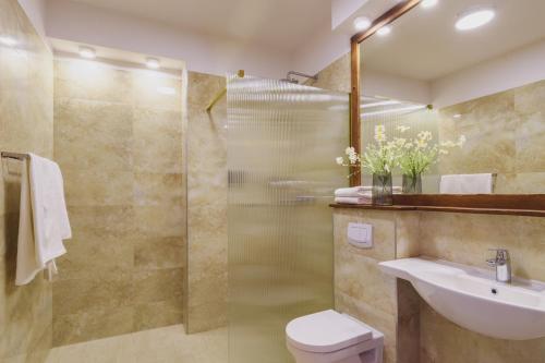 a bathroom with a toilet and a sink and a shower at Hotel Szlak Bursztynowy in Jarosławiec