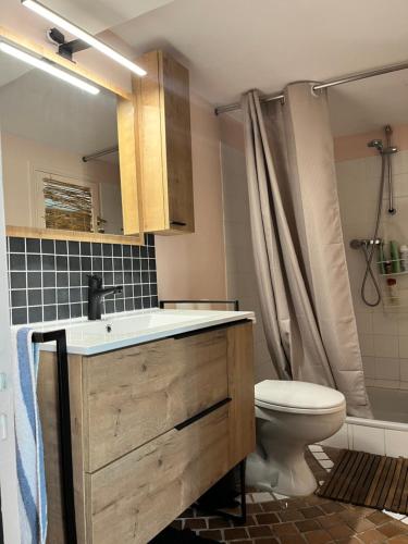 ein Badezimmer mit einem hölzernen Waschbecken und einem WC in der Unterkunft Le Majalou in Villecroze