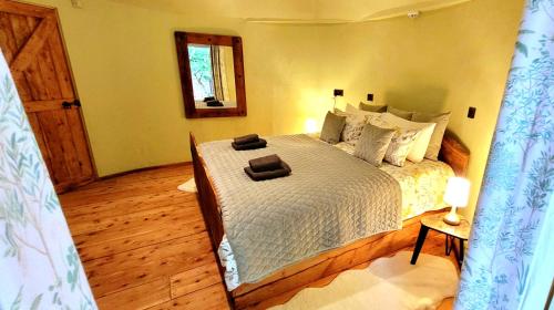 a bedroom with a bed and a window and a mirror at Treehouse in Devon - 2 bedrooms in Beaworthy