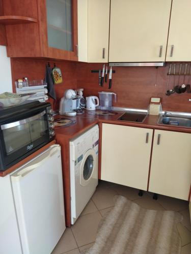 a small kitchen with a sink and a microwave at Апартамент - студио в кв Сарафово с морски изглед in Burgas